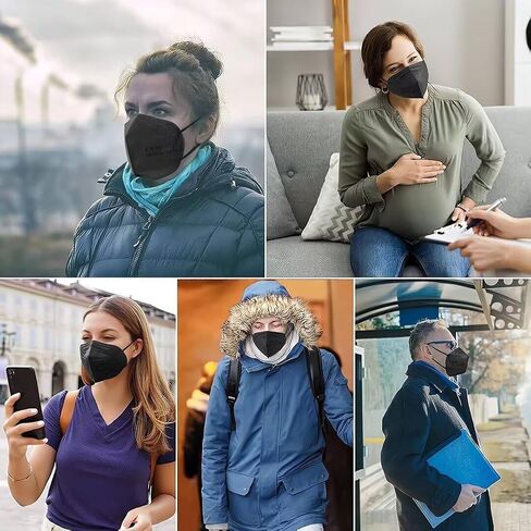 100PCS KN95 Black Face Masks 5 Layer Filter Efficiency≥95% with Elastic Ear Loop and Nose Bridge Clip Breathable Mask in Kuwait