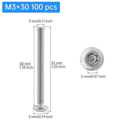 100-Pack M3x30mm Button Head Hex Socket Screws, 304 Stainless Steel | with Wrench Tweezers Storage Box, Metric Hex Bolts Fasteners for DIY Furniture Electronics Auto Machinery in Kuwait