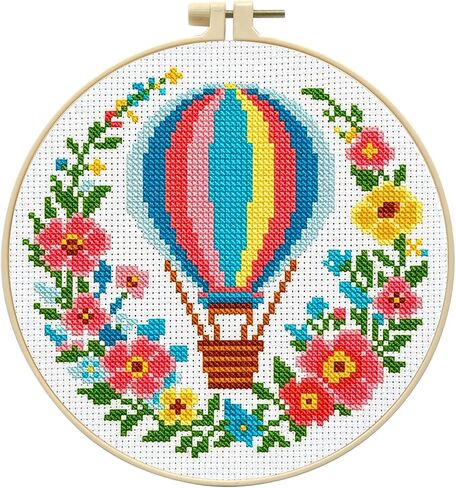 Zhenqing Floral Hot Air Balloon Cross Stitch Kit with Wreath Design - 11CT Printed Fabric 24x24cm, Includes 20cm Plastic Hoop in Saudi Arabia