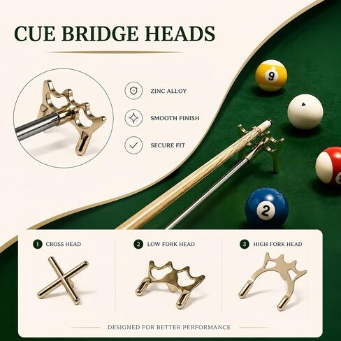 Retractable Pool Bridge Stick with 3 Removable Metal Bridge Heads, Premium Wooden Handle Adjustable Billiards Cue Rest, Portable Snooker Pool Table Accessories for Home, Club & Tournament in Kuwait