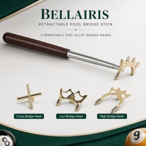 Retractable Pool Bridge Stick with 3 Removable Metal Bridge Heads, Premium Wooden Handle Adjustable Billiards Cue Rest, Portable Snooker Pool Table Accessories for Home, Club & Tournament in Kuwait