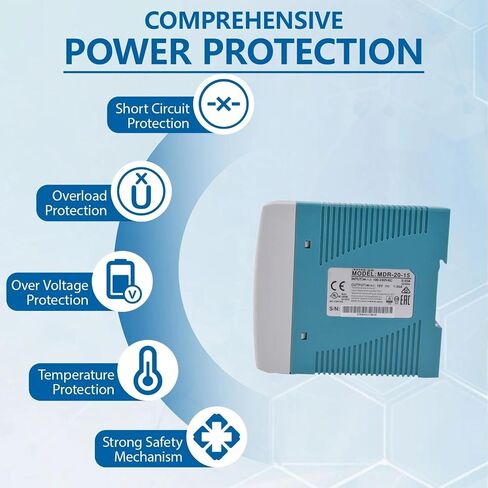 MDR-20-15 DIN مزود طاقة للسكك الحديدية، 20 وات 15 فولت 1.34 أمبير محول تيار متردد/تيار مستمر، مدخل عالمي 85-264 فولت تيار متردد، حماية من الدائرة القصيرة/الحمل الزائد/الجهد الزائد للأتمتة الصناعية 6 قطع (6) in Kuwait