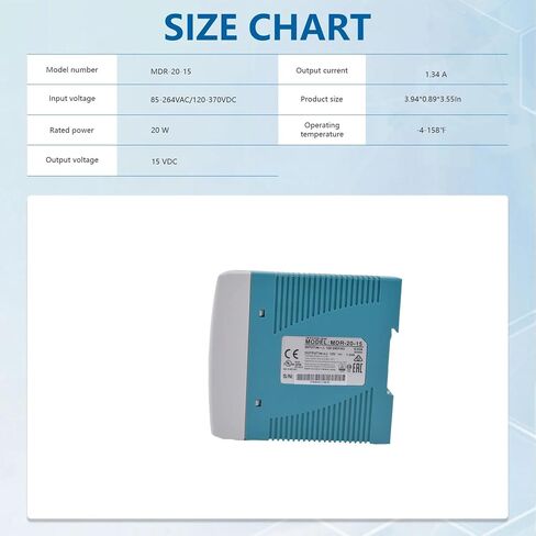 MDR-20-15 DIN مزود طاقة للسكك الحديدية، 20 وات 15 فولت 1.34 أمبير محول تيار متردد/تيار مستمر، مدخل عالمي 85-264 فولت تيار متردد، حماية من الدائرة القصيرة/الحمل الزائد/الجهد الزائد للأتمتة الصناعية 6 قطع (6) in Kuwait