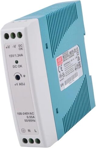 MDR-20-15 DIN مزود طاقة للسكك الحديدية، 20 وات 15 فولت 1.34 أمبير محول تيار متردد/تيار مستمر، مدخل عالمي 85-264 فولت تيار متردد، حماية من الدائرة القصيرة/الحمل الزائد/الجهد الزائد للأتمتة الصناعية 6 قطع (6) in Kuwait