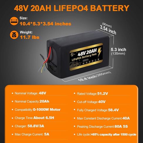 48V 52V 15AH 18AH 20Ah 25AH LiFePO4 LiFePO4 حزمة بطارية ليثيوم B، مدمجة 40A BMS، 3A Fast Ch-arger، قابس XT90، 1500+ دورة بطارية B قابلة للشحن لمشاريع DIY (48V 20AH) in Kuwait