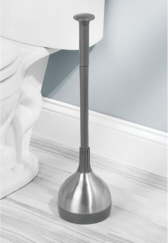 mDesign Bathroom Toilet Bowl Plunger Set with Lift & Lock Cover, Compact Discreet Freestanding Storage Caddy with Base, Modern Design - Heavy Duty Gray/Brushed Stainless Steel in Kuwait