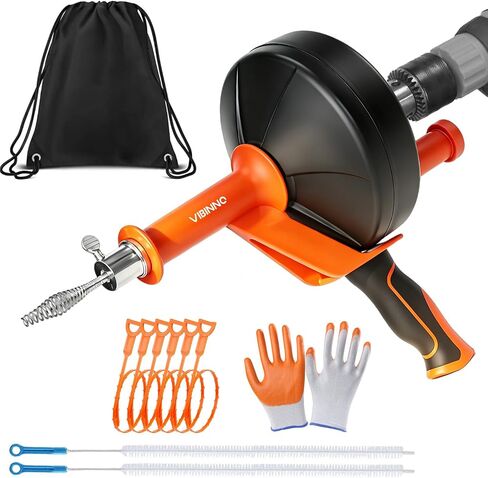 Drain Auger 25Ft, Drain Snake Auger Kit With Drill Adapter, Plumbing Snake Drain Hair Clog Removal Tool Set for Kitchen Bathroom Shower, Storage Bag and Gloves in Kuwait