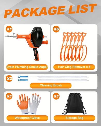 Drain Auger 25Ft, Drain Snake Auger Kit With Drill Adapter, Plumbing Snake Drain Hair Clog Removal Tool Set for Kitchen Bathroom Shower, Storage Bag and Gloves in Kuwait