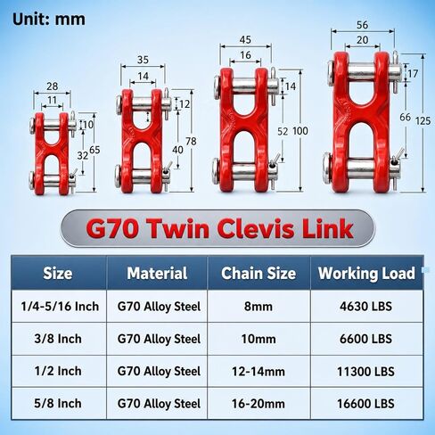2 Pack 1/4-5/16 Inch Chain Repair Links for 8# Chain, G70 Twin Clevis Link with 4630 LBS Working Load Limit, Double Clevis Link for Trucks, Trailers, Warehouses, Seaports (Red, 5/16 Inch) in Kuwait