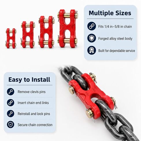 2 Pack 1/4-5/16 Inch Chain Repair Links for 8# Chain, G70 Twin Clevis Link with 4630 LBS Working Load Limit, Double Clevis Link for Trucks, Trailers, Warehouses, Seaports (Red, 5/16 Inch) in Kuwait