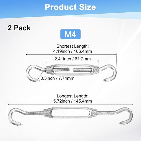 M METERXITY 2-Pack Turnbuckle Hook and Hook, M4 Stainless Steel Heavy Turnbuckles Wire Rope Tension for Cables Wire/Shade Sail Hardware/Garden Trellis, Adjustable Tension in Kuwait