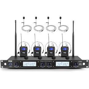 Pyle Wireless Microphone System with 4-Channel Mic Receiver | Includes 4 Lavalier & 4 Headset Mics | Independent Volume Controls and Rack Mountable Design | 300 ft Range for Live Conferences & Events in Kuwait