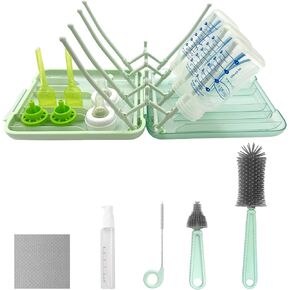 Baby Bottle Brush, 6 in 1 Travel Bottle Cleaner Kit with Silicone Bottle Brush, Nipple Brush, Straw Brush, Soap Dispenser, Bottle Drying Rack, Portable Essentials for Home and Travel-Green in Kuwait