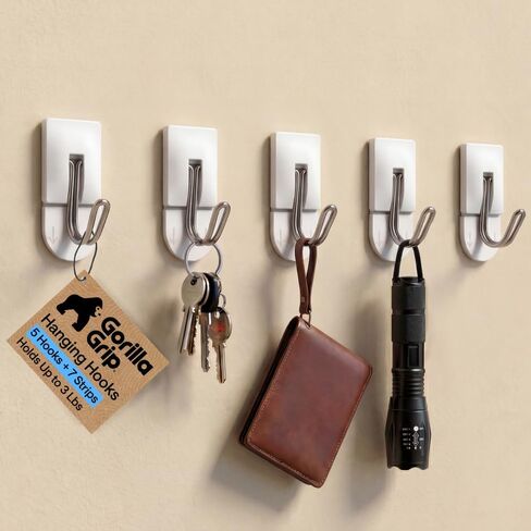 GORILLA GRIP Adhesive Hooks for Hanging, Heavy Duty Self Adhesive Wall Hooks, Damage-Free Removable Metal Hook, No Tools Required, Wall Hanger for Kitchen Bathroom Towel Coat Keys Purse, 5 Pack in Kuwait