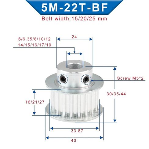 22T 5M Belt Pulley Bore 6/6.35/8-19mm Circular Tooth Wheel -Rubber Width 15/20mm 1Pcs(10 mm,Belt Width 20 mm) in Kuwait