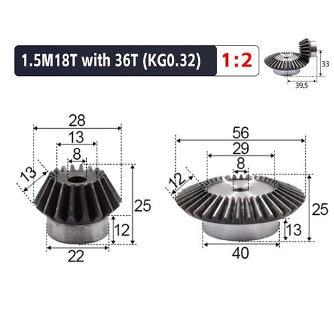 1:2 Gear 1.5 Modulus 18 Teeth+36Teeth Hole 90 Degree Steel Bevel Gears Screw M5 1Set(1set 1.5M18T-36T) in Kuwait