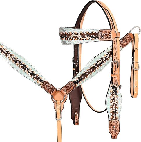 HILASON Horse Headstall Breast Collar Set, Western Tooled Leather Bridle Tack Set with Hand-Painted Floral Design and Rawhide Accents for Trail and Sh in Kuwait