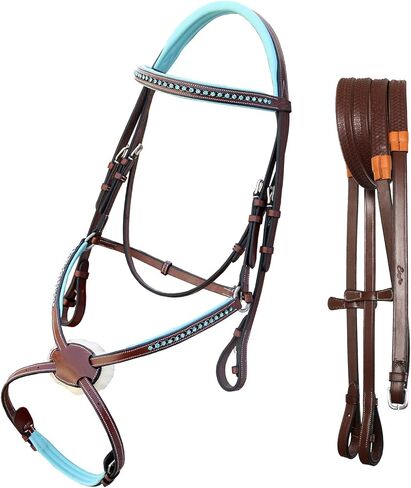 لجام Exion Blue Bling Figure 8 مع حشوة زرقاء فاتحة - مجموعة لجام القفز من الجلد التشريحي مع زمام مطاطي - شريط عرض حصان ميكسيكانا الكريستالي، بني بلوط، Cob Full Warmblood in Kuwait