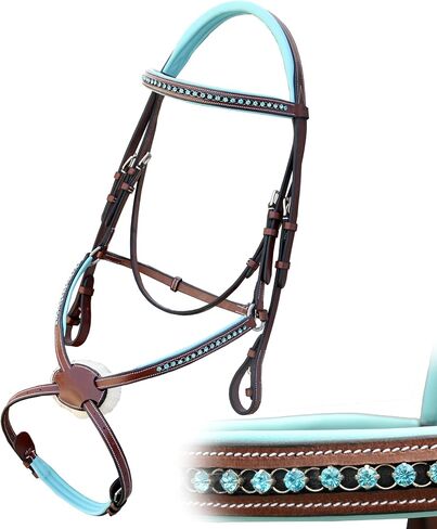 لجام Exion Blue Bling Figure 8 مع حشوة زرقاء فاتحة - مجموعة لجام القفز من الجلد التشريحي مع زمام مطاطي - شريط عرض حصان ميكسيكانا الكريستالي، بني بلوط، Cob Full Warmblood in Kuwait