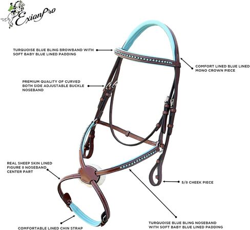 لجام Exion Blue Bling Figure 8 مع حشوة زرقاء فاتحة - مجموعة لجام القفز من الجلد التشريحي مع زمام مطاطي - شريط عرض حصان ميكسيكانا الكريستالي، بني بلوط، Cob Full Warmblood in Kuwait