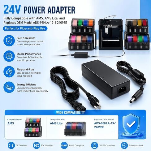 محول طاقة 24 فولت 4 أمبير لنظام المواد الأوتوماتيكي Bambu Lab AMS 2 Pro، شاحن AMS 2 Pro متوافق مع Honor ADS-96HLA-19-1 24096E، سلك إمداد طاقة بديل in Kuwait