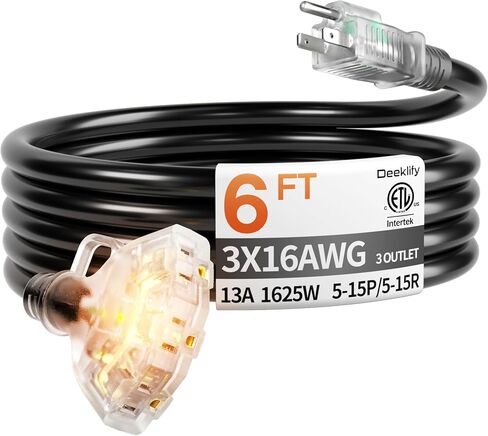 50 قدم 16/3 awg 3 منافذ تمديد سلك مقسم مع مؤشر، سلك تمديد خارجي مقاوم للماء مع منافذ متعددة، 13 أمبير 1625 وات للمنزل وورشة العمل، قائمة ETL، أسود SJTW in Kuwait