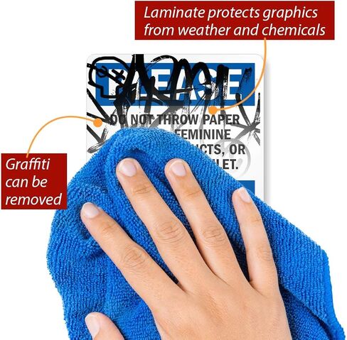 SmartSign 5 x 3.5 inch “Please Do Not Throw Paper Towels, Feminine Products Or Trash In The Toilet" Bilingual Label, 3 mil Laminated Adhesive Polyester, Blue, Black and White in Kuwait