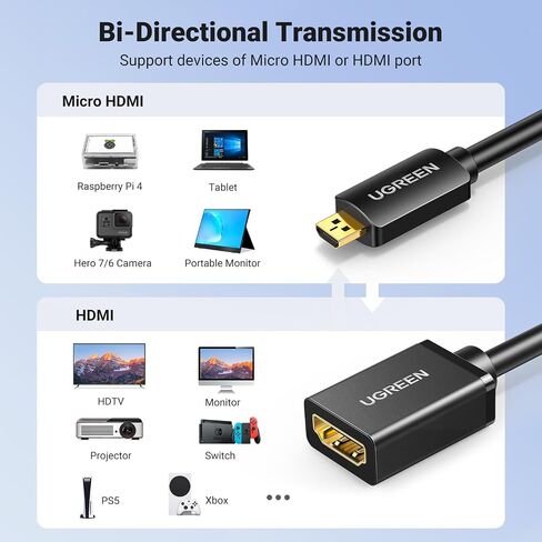 UGREEN Micro HDMI to HDMI Adapter, Male to Female Cable HDMI 2.0 4K@60Hz HDR 3D Dolby 18Gbps High Speed Compatible with Raspberry Pi 5/Pi 4//Pi 500 GoPro Hero 7 6/Retroid Pocket 3+, 0.6FT in Kuwait
