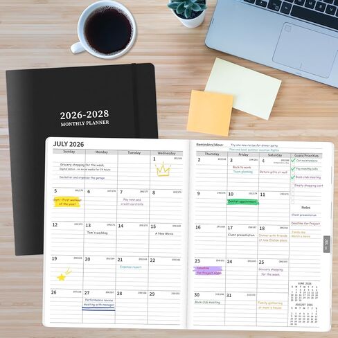 2026-2027 Monthly Planner, 2 Year Calendar Planner, Jan 2026 - Dec 2027, 8.3'' x 11'', 24 Months, Embossed Cover, with Printed Tabs ＆Pocket, Elastic Closure, Organizer for Office Home School, Black in Saudi Arabia