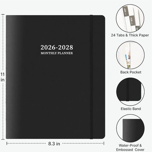 2026-2027 Monthly Planner, 2 Year Calendar Planner, Jan 2026 - Dec 2027, 8.3'' x 11'', 24 Months, Embossed Cover, with Printed Tabs ＆Pocket, Elastic Closure, Organizer for Office Home School, Black in Saudi Arabia