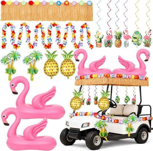 Summer Parade Golf Cart Decoration Kit Hawaiian Tropical Golf Cart Decor Tropical Flower Leis Grass Fringe Banner Hanging Swirls Inflatable Flamingos Pineapples Palm Trees for Summer Luau Party Supply in Kuwait