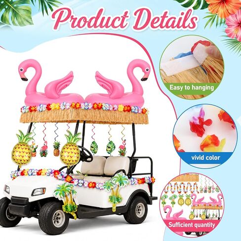 Summer Parade Golf Cart Decoration Kit Hawaiian Tropical Golf Cart Decor Tropical Flower Leis Grass Fringe Banner Hanging Swirls Inflatable Flamingos Pineapples Palm Trees for Summer Luau Party Supply in Kuwait