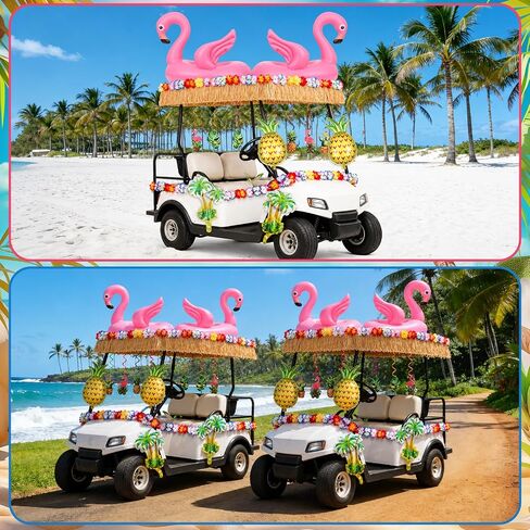 Summer Parade Golf Cart Decoration Kit Hawaiian Tropical Golf Cart Decor Tropical Flower Leis Grass Fringe Banner Hanging Swirls Inflatable Flamingos Pineapples Palm Trees for Summer Luau Party Supply in Kuwait