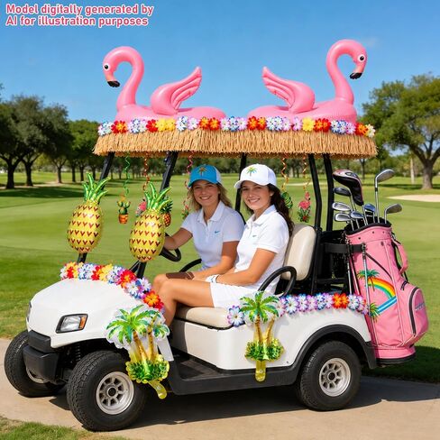 Summer Parade Golf Cart Decoration Kit Hawaiian Tropical Golf Cart Decor Tropical Flower Leis Grass Fringe Banner Hanging Swirls Inflatable Flamingos Pineapples Palm Trees for Summer Luau Party Supply in Kuwait