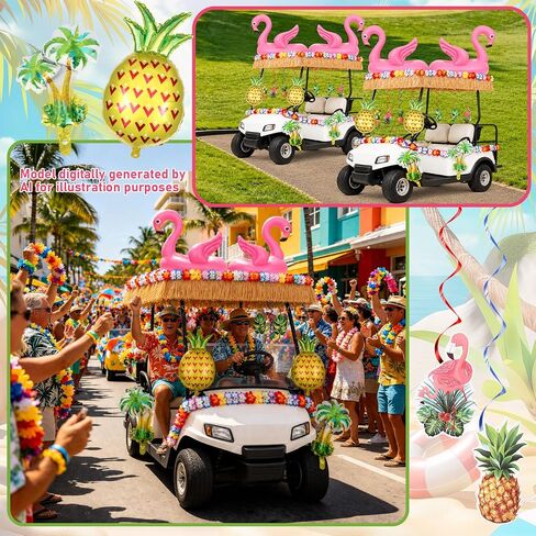 Summer Parade Golf Cart Decoration Kit Hawaiian Tropical Golf Cart Decor Tropical Flower Leis Grass Fringe Banner Hanging Swirls Inflatable Flamingos Pineapples Palm Trees for Summer Luau Party Supply in Kuwait