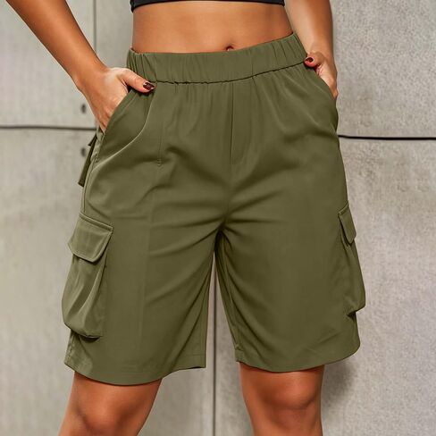 Bermuda Shorts for Women Knee Length Casual Wide Leg High Waist Hiking Travel Summer Cargo Shorts with Pockets in Kuwait