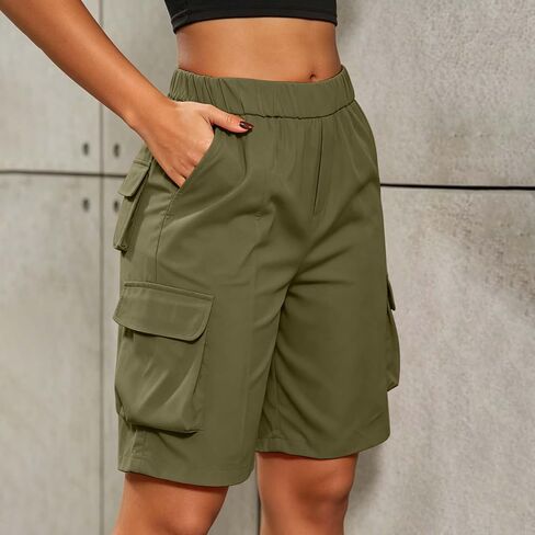 Bermuda Shorts for Women Knee Length Casual Wide Leg High Waist Hiking Travel Summer Cargo Shorts with Pockets in Kuwait