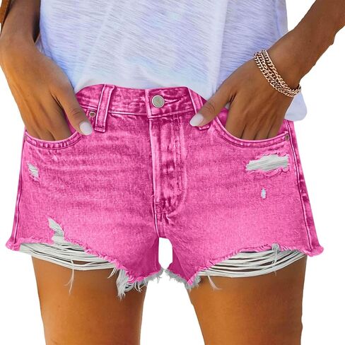 Women's Denim Shorts Summer Mid Waist Ripped Cut Hem Distressed Stretchy Jean Shorts Fashion Short with Pockets in Kuwait