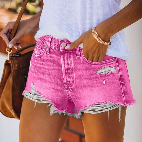 Women's Denim Shorts Summer Mid Waist Ripped Cut Hem Distressed Stretchy Jean Shorts Fashion Short with Pockets in Kuwait