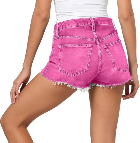 Women's Denim Shorts Summer Mid Waist Ripped Cut Hem Distressed Stretchy Jean Shorts Fashion Short with Pockets in Kuwait