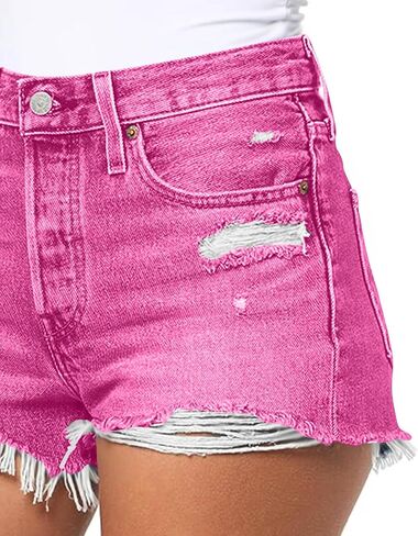 Women's Denim Shorts Summer Mid Waist Ripped Cut Hem Distressed Stretchy Jean Shorts Fashion Short with Pockets in Kuwait