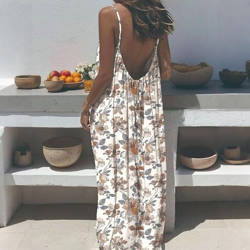 Womens Summer Backless Sleeveless Dresses Summer Boho Floral Strap Flowy House Dress Long Sundress for Daily Wear in Kuwait