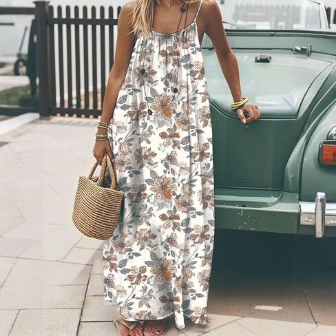 Womens Summer Backless Sleeveless Dresses Summer Boho Floral Strap Flowy House Dress Long Sundress for Daily Wear in Kuwait