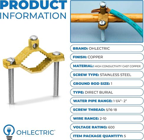 OHLECTRIC 5 Pack - Heavy Duty Non-Direct Burial Copper Ground Clamp for 1-1/4" - 2" Pipe Range | High Conductivity Ground Pipe Clamp | Supports 2-10" Wire Range in Kuwait