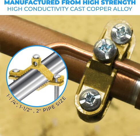 OHLECTRIC 5 Pack - Heavy Duty Non-Direct Burial Copper Ground Clamp for 1-1/4" - 2" Pipe Range | High Conductivity Ground Pipe Clamp | Supports 2-10" Wire Range in Kuwait