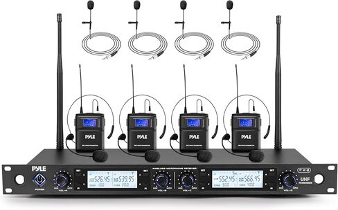 Pyle Wireless Microphone System with 4-Channel Mic Receiver | Includes 4 Lavalier & 4 Headset Mics | Independent Volume Controls and Rack Mountable Design | 300 ft Range for Live Conferences & Events in Kuwait