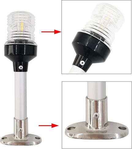 ISURE MARINE 12 inch 3 Nautical Mile Boat Anchor Light All Around LED Fixed Mount Navigation Light With Stainless Steel Base and Tube, 12-24 VDC in Kuwait