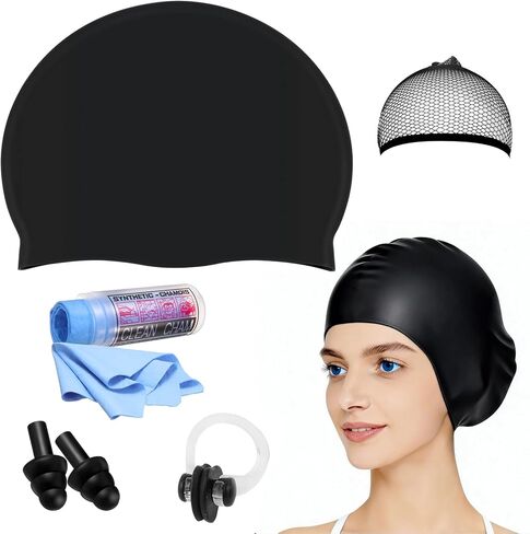 Large Silicone Swim Cap with Quick-Dry Towel,Hair Net,Nose Clip & Ear Plugs,Unisex Durable Waterproof Adult Swim Cap for Thick,Curly Hair & Dreadlocks,Keeps Hair Dry in Kuwait