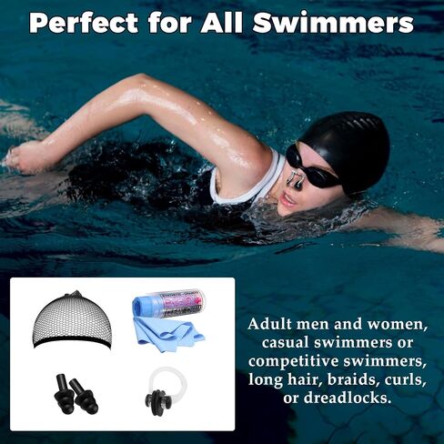 Large Silicone Swim Cap with Quick-Dry Towel,Hair Net,Nose Clip & Ear Plugs,Unisex Durable Waterproof Adult Swim Cap for Thick,Curly Hair & Dreadlocks,Keeps Hair Dry in Kuwait