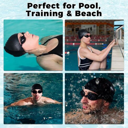 Large Silicone Swim Cap with Quick-Dry Towel,Hair Net,Nose Clip & Ear Plugs,Unisex Durable Waterproof Adult Swim Cap for Thick,Curly Hair & Dreadlocks,Keeps Hair Dry in Kuwait